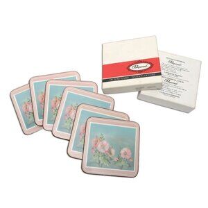 Vintage Pimpernel Acrylic Cork Coasters Mauve Blue Floral Made in England x 6